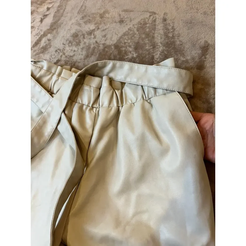 Bagatelle Collection Faux Leather Paperbag Pants Belted Tapered Beige Womens S